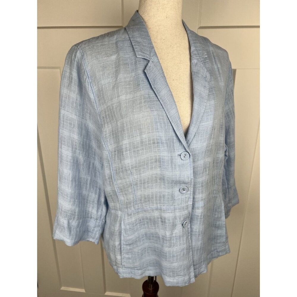 Eileen Fisher 100% Linen Jacket XL Blue Boxy 3/4 Sleeve Lightweight Button Front - Picture 10 of 12